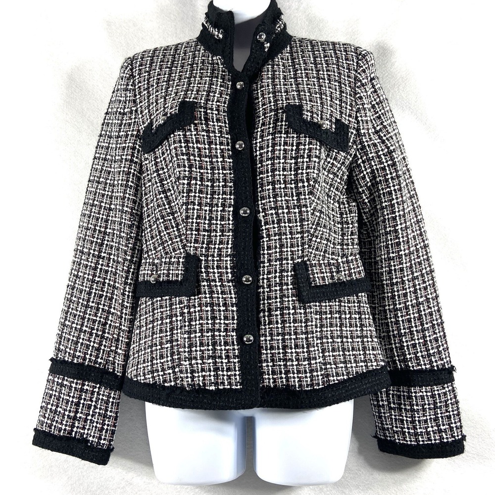 White House Black Market Jacket Women's 8 Black White Red Blazer Tweed Silk EUC